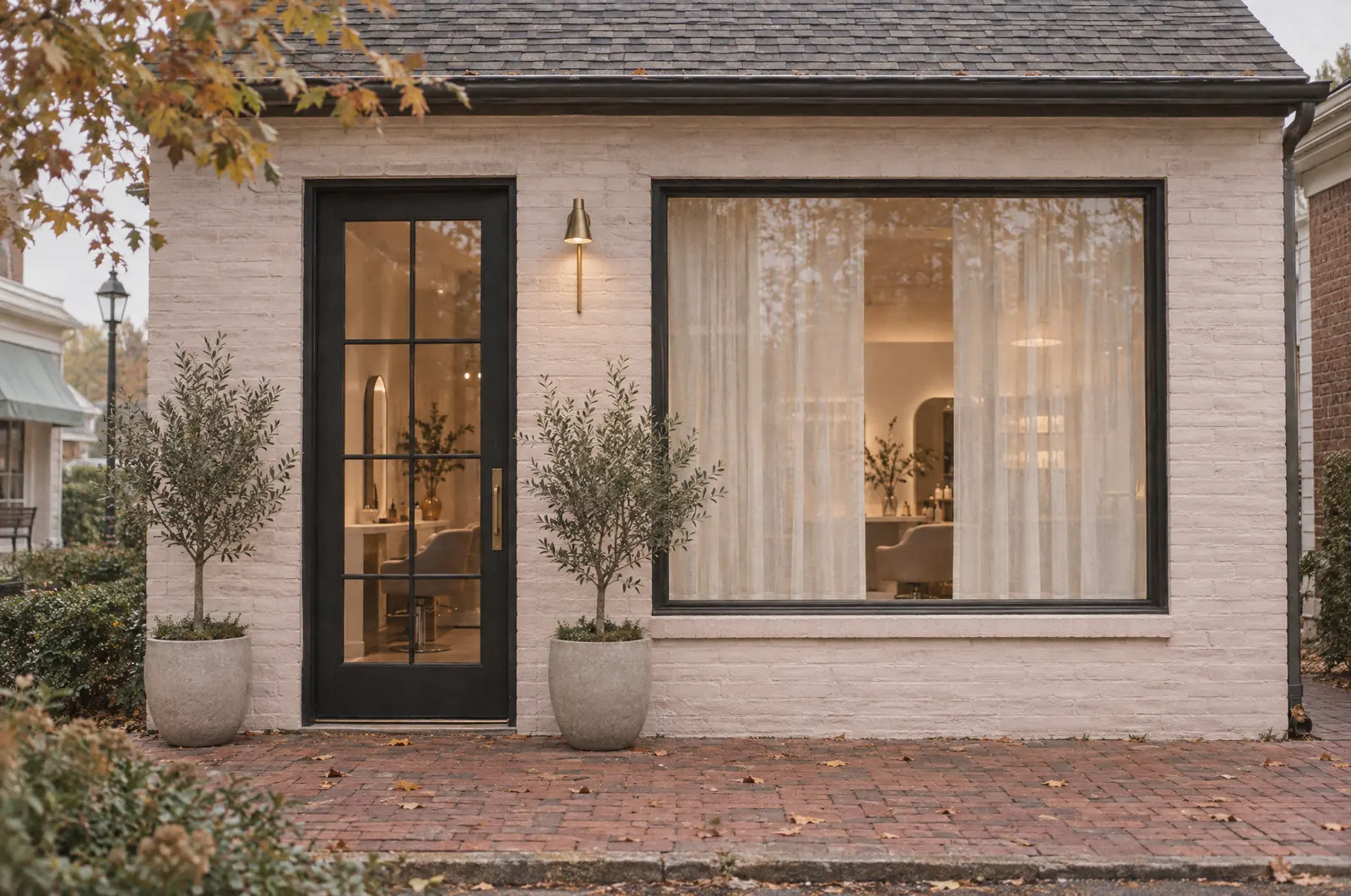 The studio's pale painted-brick front with a black glass door, sheer curtains and two potted olive trees
