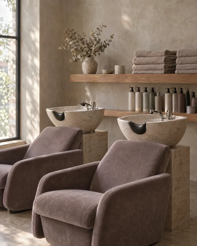 Two travertine shampoo basins with mauve velvet chairs and folded towels on an oak shelf