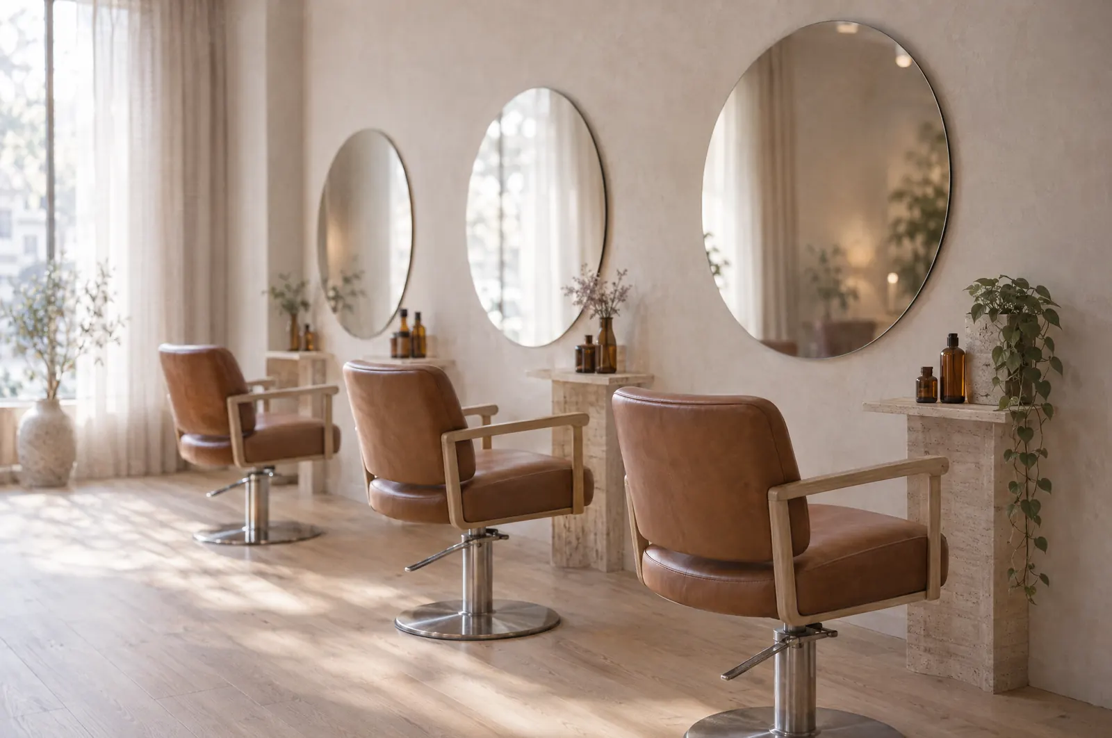 Three styling stations with round mirrors and cognac leather chairs in soft window light