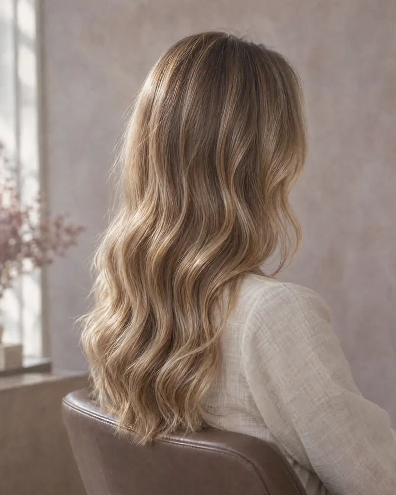 Long honey-blonde balayage in loose waves, seen from behind