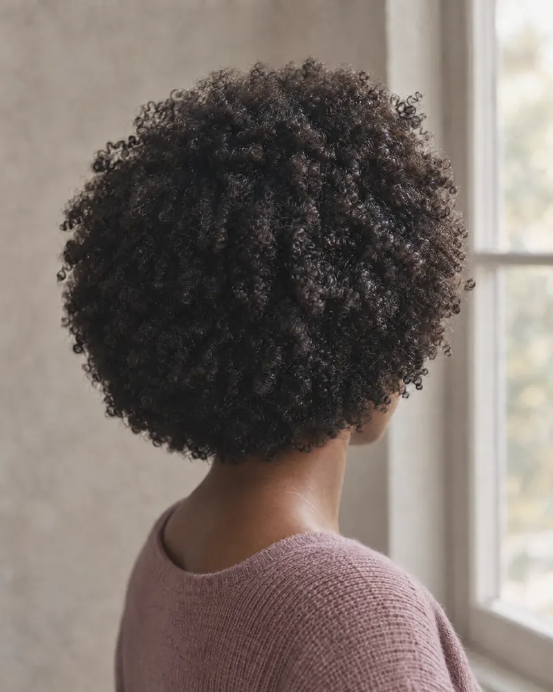 A rounded, defined natural curly shape on coily hair, seen from behind