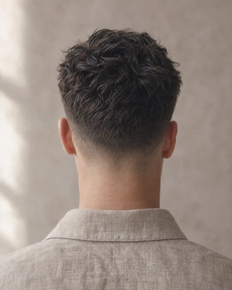 A short textured men's cut with a soft low taper at the nape