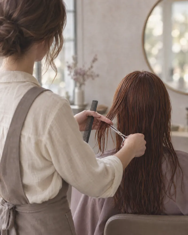 A stylist in a taupe apron trims a client's long auburn hair with a comb and shears